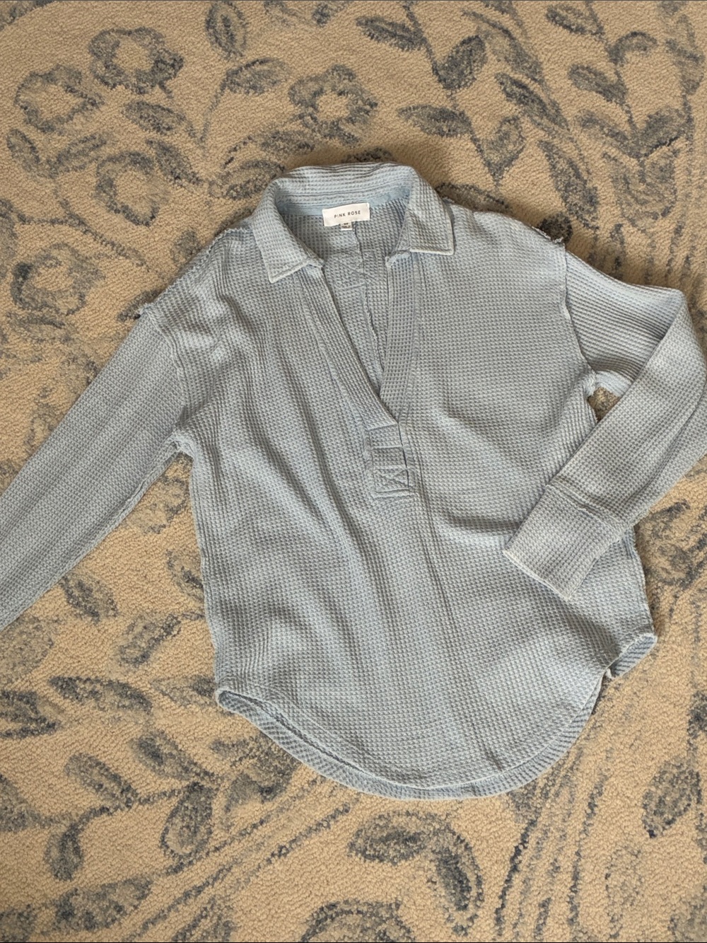 Pink Rose Pale Blue Waffle Knit Popover —- Size XS